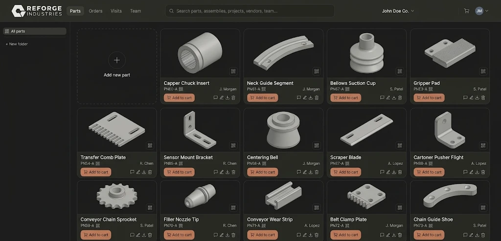 The Reforge portal parts library: packaging and bottling wear parts as tiles with 3D renders, part numbers and Add to cart