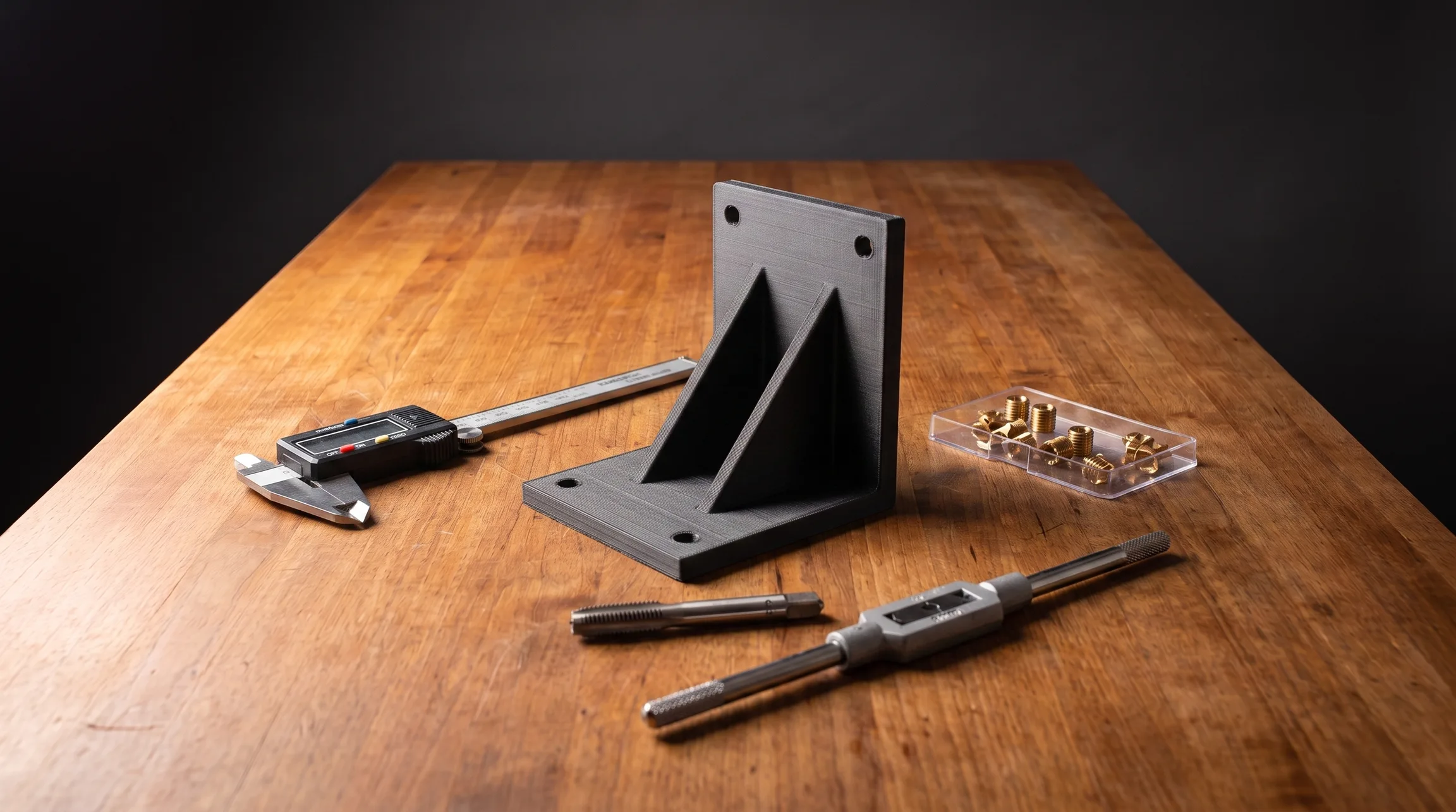 Butcher-block workbench with printed parts, inserts, and measuring tools