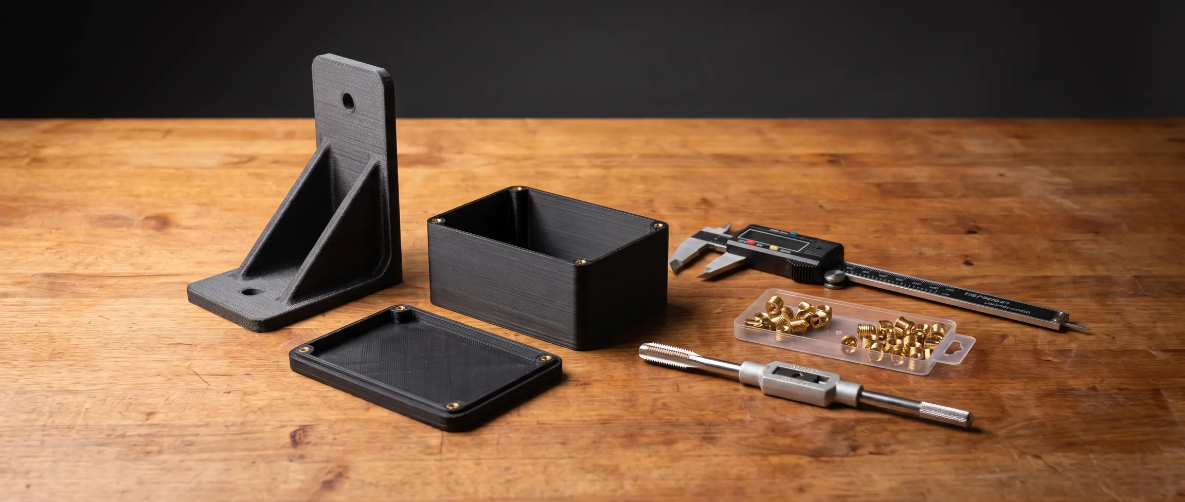 A working sweep of the Reforge bench: finished printed parts, calipers, tap wrench, and inserts