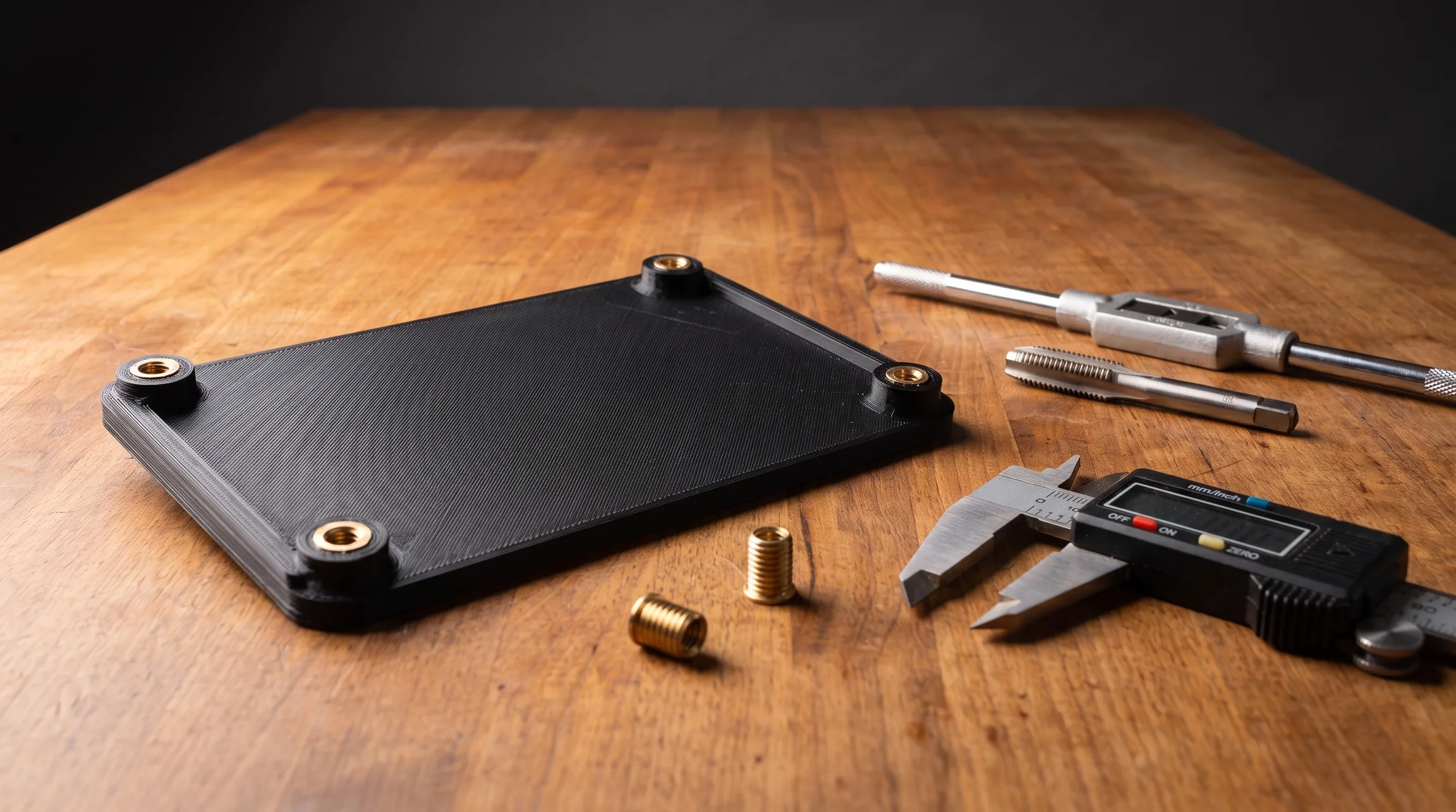 Printed part with brass heat-set inserts beside calipers and a thread tap