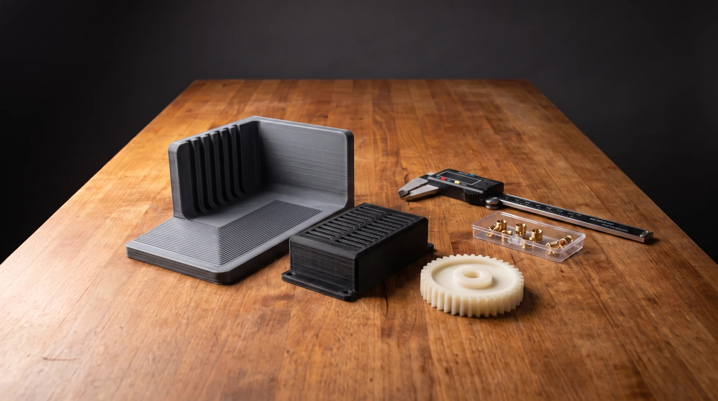 Printed parts mid-inspection on the bench with calipers, inserts, and a shop notebook