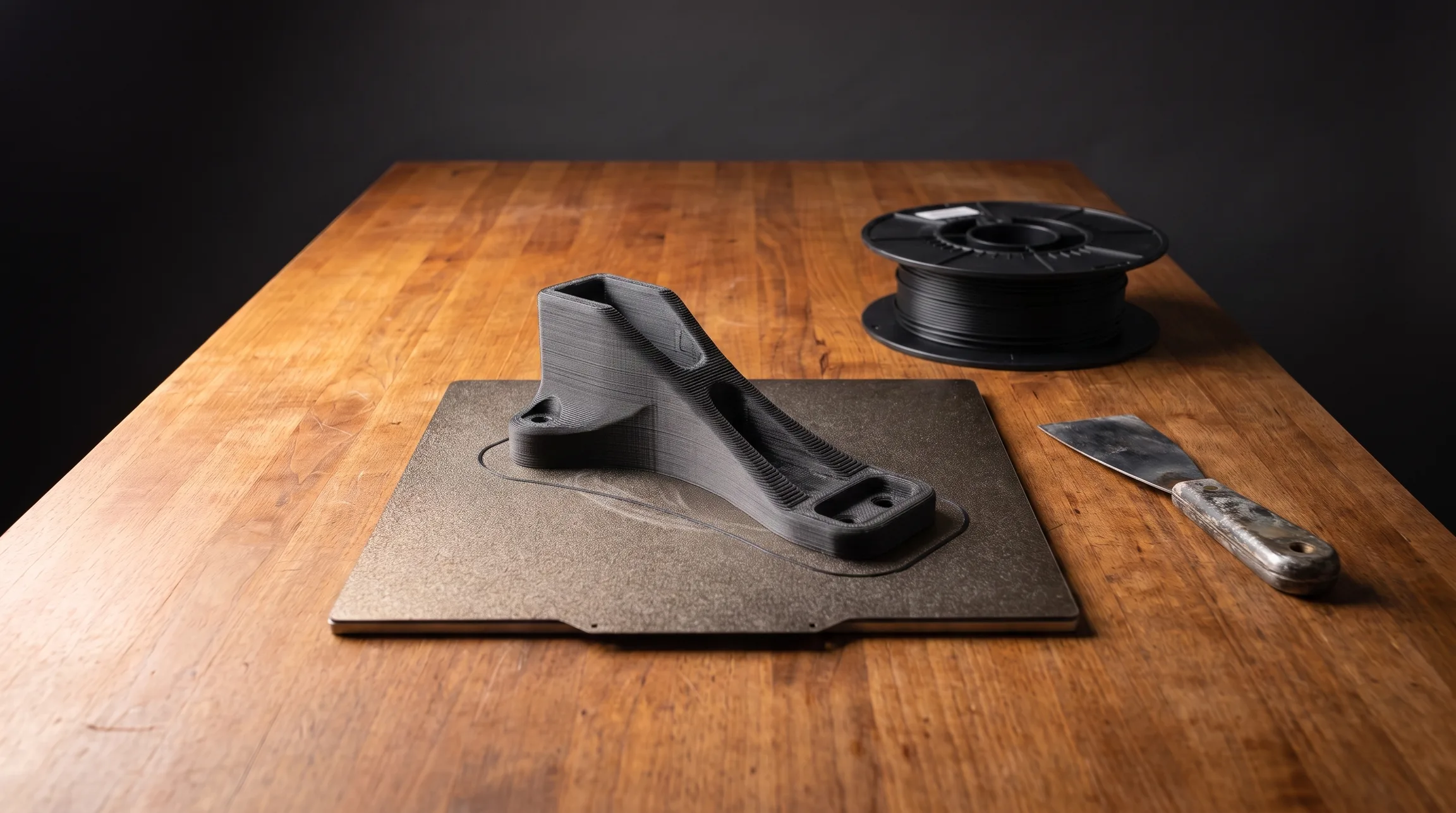 Freshly printed carbon-fiber bracket on a removed build plate beside a filament spool