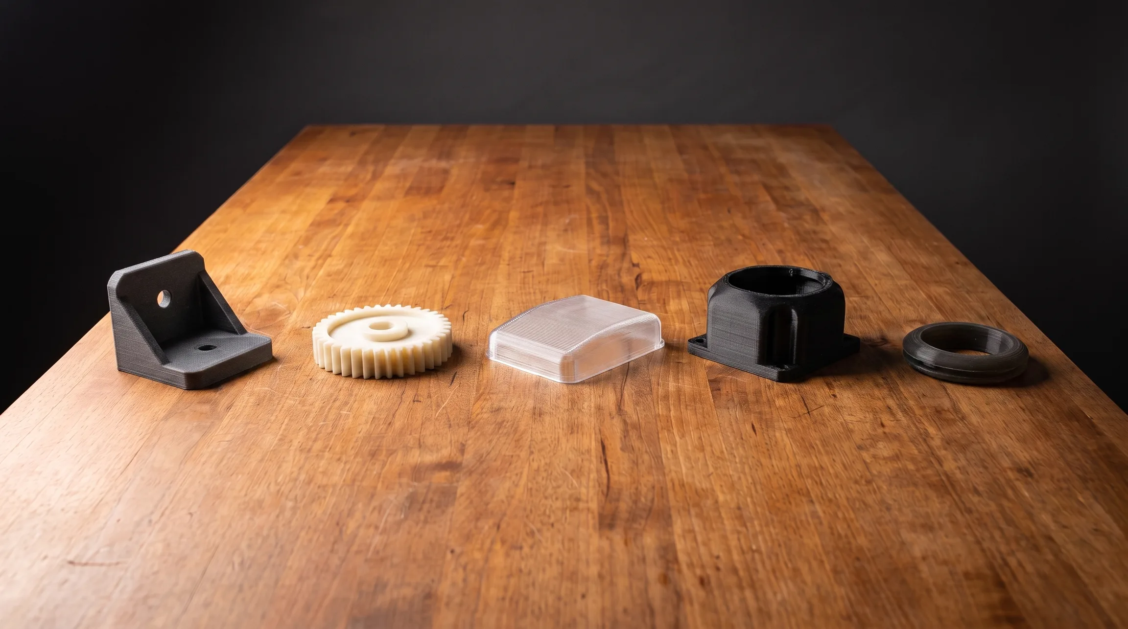 A row of printed parts in carbon-fiber nylon, PPS, polycarbonate, and TPU on a wooden bench