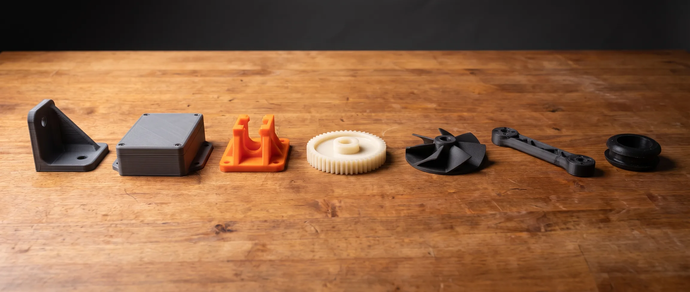 A lineup of industrial 3D printed parts on a butcher-block workbench