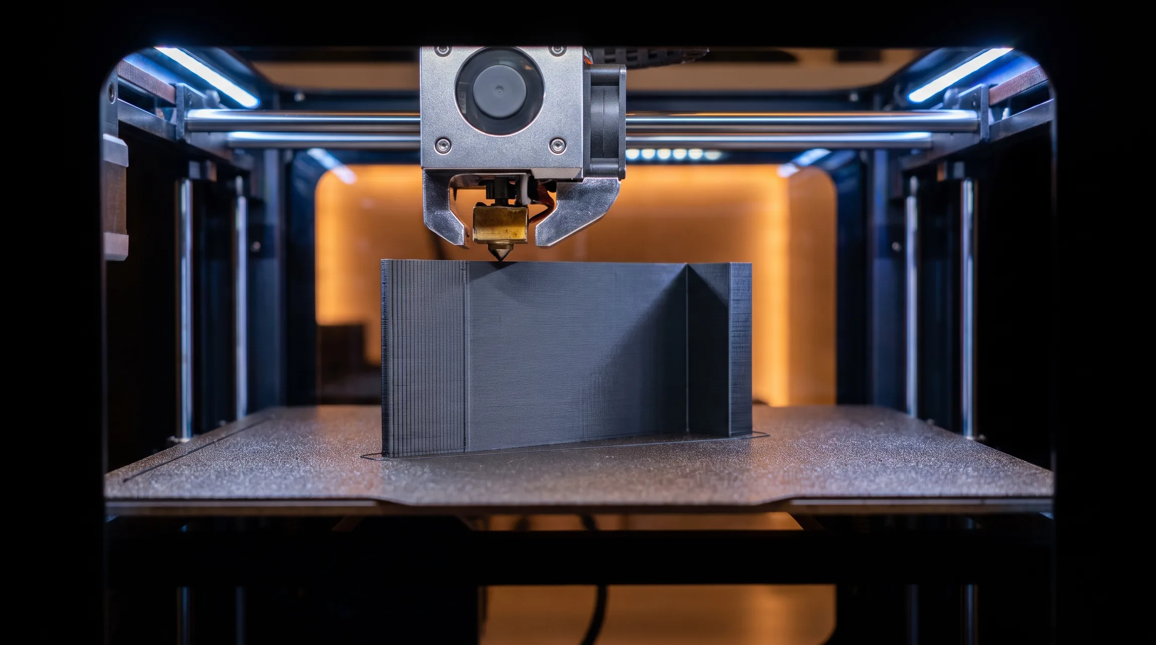 Close view of an industrial FDM printer mid-print, carbon-fiber nylon part on the bed